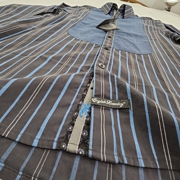 English Laundry Blaque Label Shirt Men's Large Black Blue Stripes NWT Arrogant - Picture 3 of 16